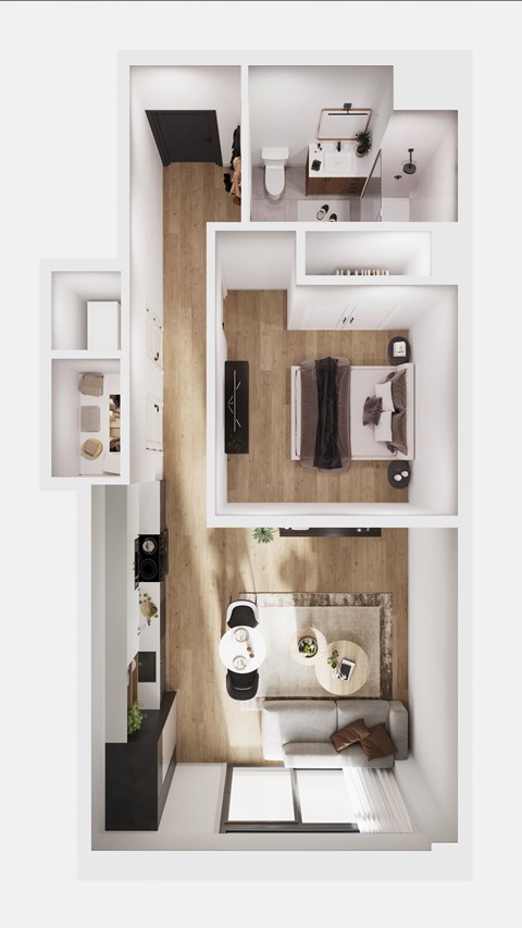 Floor plan for 1 bed, 1 bath, 629 sqft